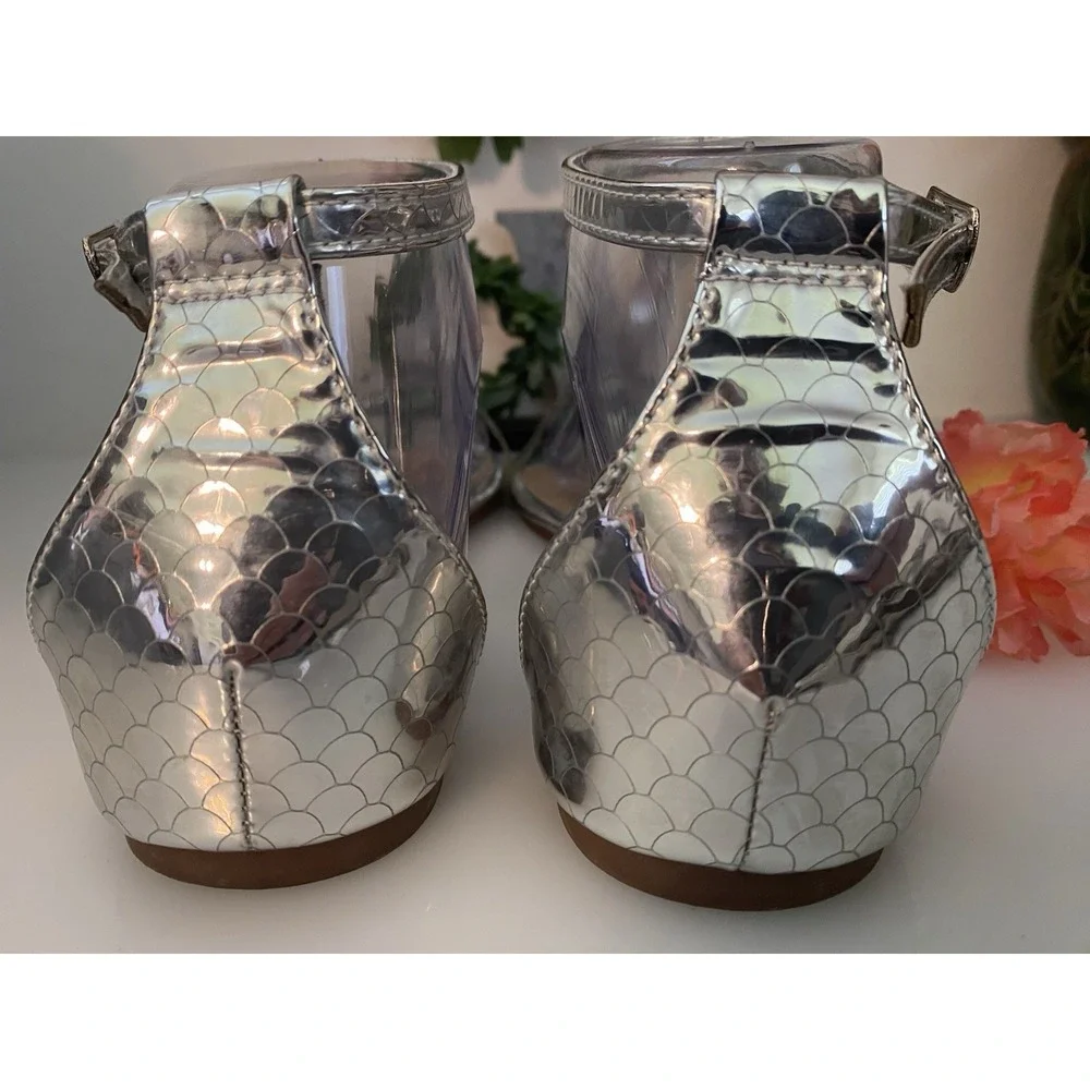 Clear Acrylic and Silver Faux Reptile Wild Diva Ankle Strap Sandals Size‎ 8/8.5